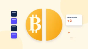 Illustration of a glowing Bitcoin coin split cleanly in half above a stylized blockchain of connected blocks, with a mining rig and a declining reward chart in the background