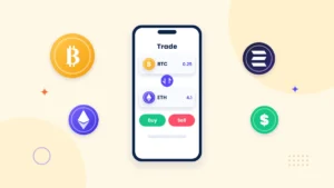 Illustration of a phone trading app swapping Bitcoin and Ethereum with buy and sell buttons, surrounded by Bitcoin, Ethereum, Solana and stablecoin coins