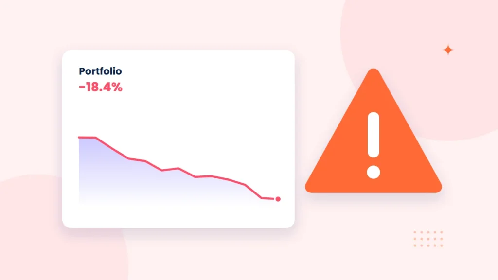 Illustration of a trader at a desk looking at a falling crypto chart with warning signs highlighting common trading mistakes
