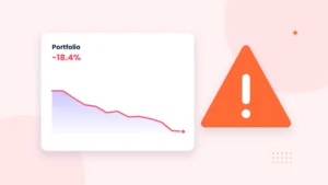 Illustration of a trader at a desk looking at a falling crypto chart with warning signs highlighting common trading mistakes
