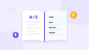 Illustration of an open dictionary with crypto coin icons and terms like blockchain, wallet and stablecoin floating above the pages