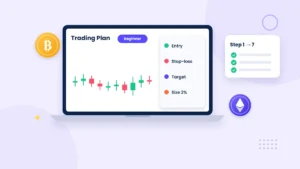 Crypto trading for beginners illustration with a trading plan, candlestick chart and entry, stop-loss and target checklist