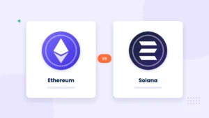 Illustration of the Ethereum diamond logo and the Solana striped logo facing each other on either side of a balance scale, with smart contract code and network nodes in the background