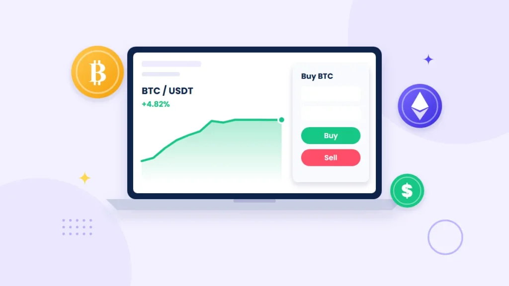 How Bithoex.com works - crypto trading dashboard with BTC/USDT chart and buy and sell buttons