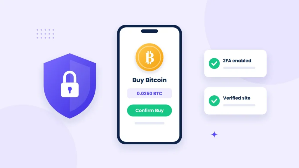 Illustration of a smartphone displaying a Bitcoin purchase screen, surrounded by a padlock, a shield with a checkmark and a hardware wallet, representing a safe Bitcoin purchase