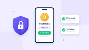 Illustration of a smartphone displaying a Bitcoin purchase screen, surrounded by a padlock, a shield with a checkmark and a hardware wallet, representing a safe Bitcoin purchase