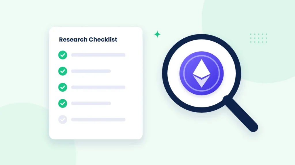 Illustration of a magnifying glass examining various altcoin tokens on a desk next to a whitepaper, a checklist and a laptop showing on-chain data charts