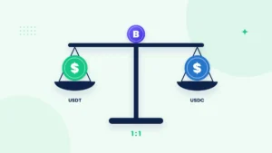Illustration of three stablecoin tokens balanced evenly on a scale next to a US dollar symbol, representing a steady peg