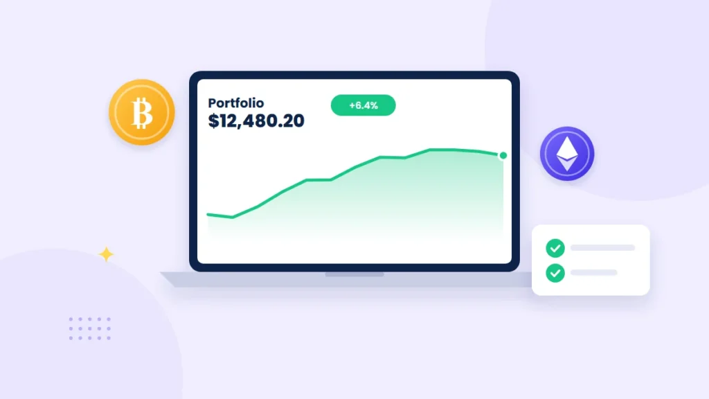 Illustrated roadmap path with milestone markers leading a beginner from a laptop showing crypto charts to a trophy, with Bitcoin and Ethereum coins along the way