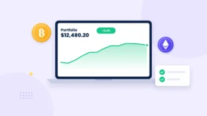 Illustrated roadmap path with milestone markers leading a beginner from a laptop showing crypto charts to a trophy, with Bitcoin and Ethereum coins along the way
