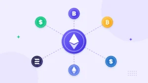 Illustration of interconnected blockchain blocks linking a crypto wallet to lending, exchange and staking icons representing decentralized finance